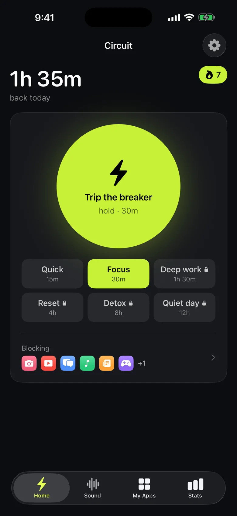 Circuit home screen with the Trip the breaker button