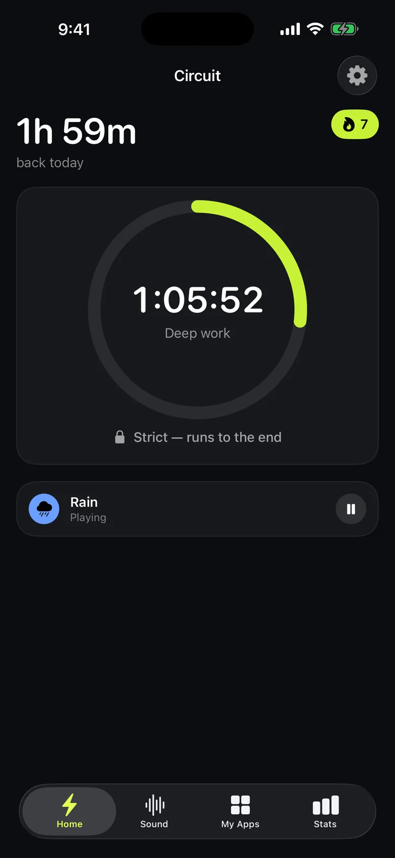 Circuit running a Strict Mode session: a countdown ring reading 1:05:52 for Deep work